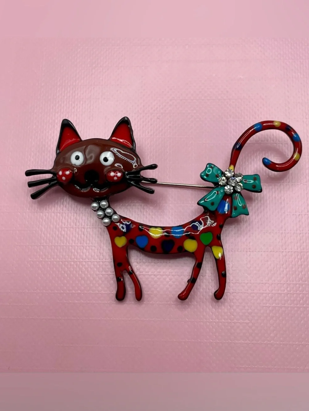 Whimsical Red Cat Brooch with Multicolor Hearts and Teal Bow - Picture 1 of 4